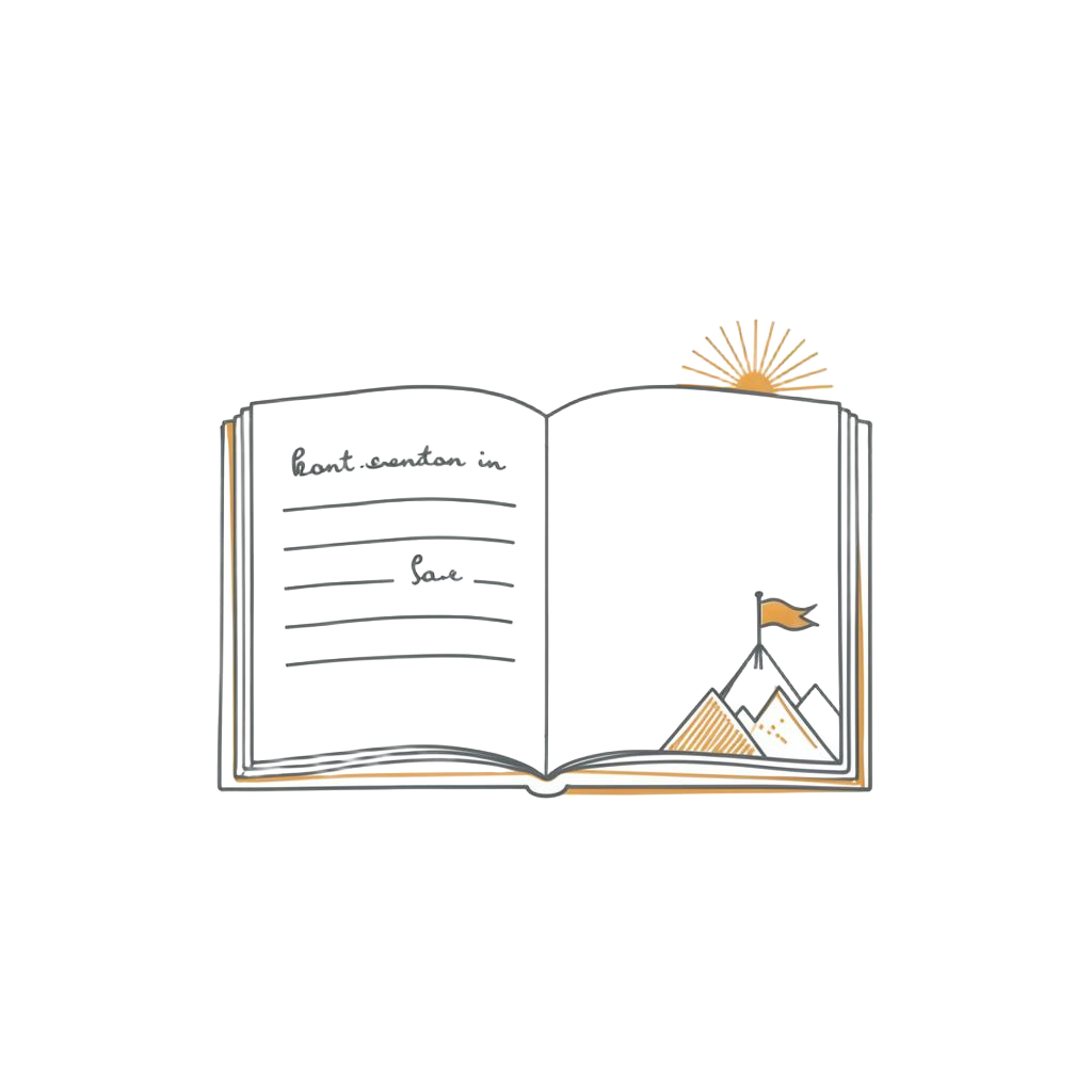 Editorial illustration of an open notebook beside a small mountain with a flag