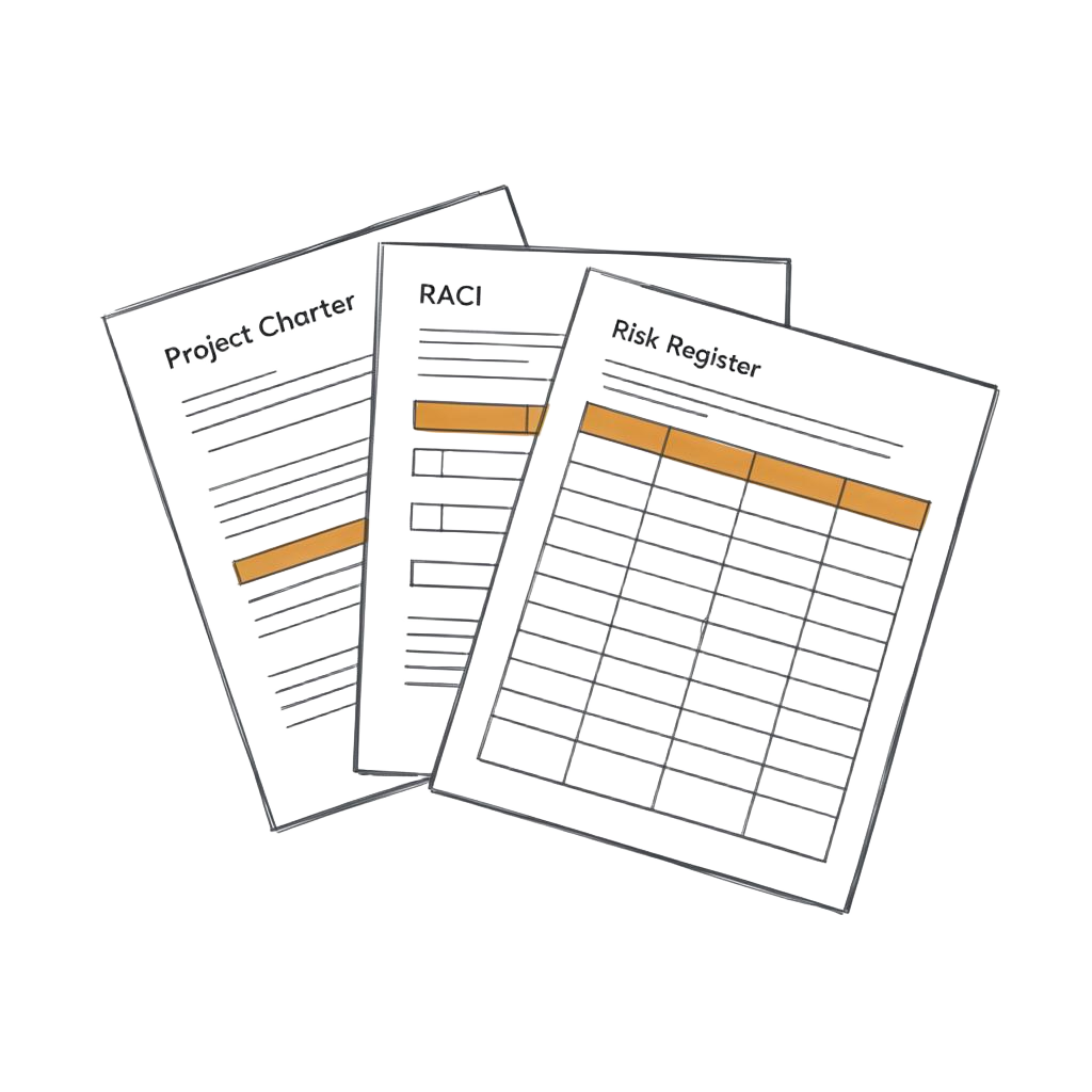 Editorial illustration of a fanned stack of project management template documents